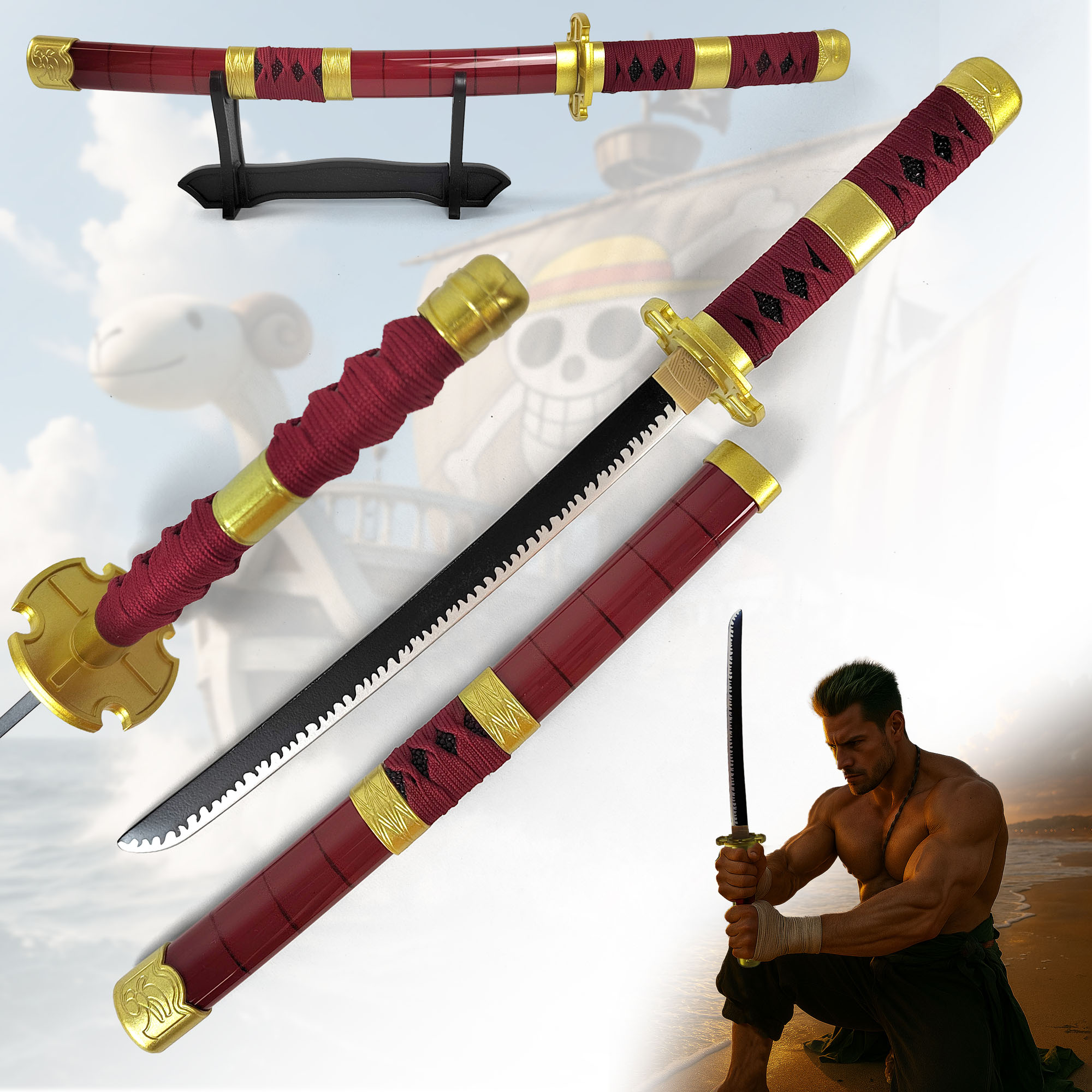 One Piece - Sandai Kitetsu Tanto aus Holz mit Scheide und Ständer